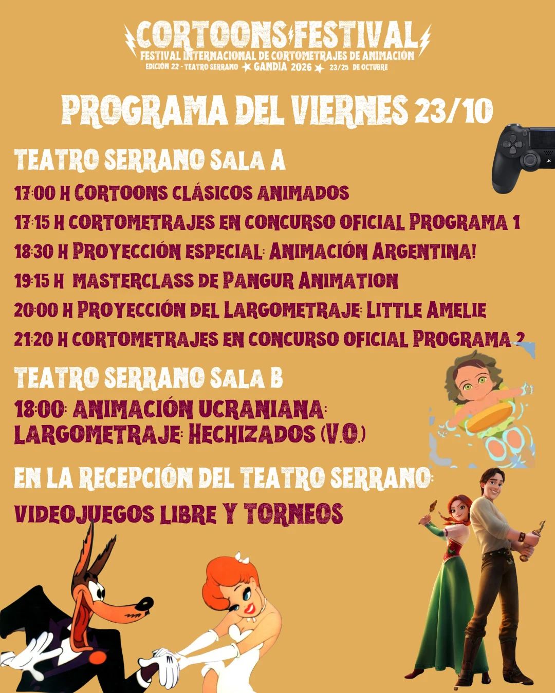 Official Cortoons Festival 2026 programme for Friday 23 October at the Teatre Serrano in Gandia