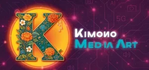 Image for the “Kimono Med-IA Art” exhibition: a letter K decorated with flowers and circuits against a sun, with the title in neon lettering