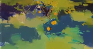 Detalle de una pintura de Vicent Pelegero de la exposición «Paisatges que habite...»: naranjas entre hojas en tonos verdes y azules