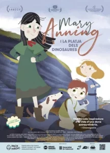 Poster for the animated film “Mary Anning i la platja dels dinosaures”: Mary Anning, two children and a dog on the coastal rocks
