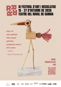 Poster for the 11th RRRR! Art and Recycling Festival, 15–27 October 2026 at the Teatre del Raval in Gandia: a bird made of recycled objects