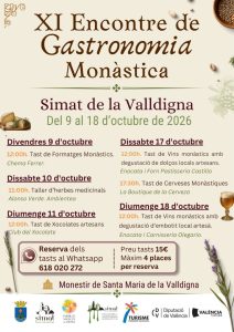 Affiche de la XIe Rencontre de gastronomie monastique à Simat de la Valldigna, du 9 au 18 octobre 2026, avec les dégustations et l'atelier de plantes médicinales au monastère.
