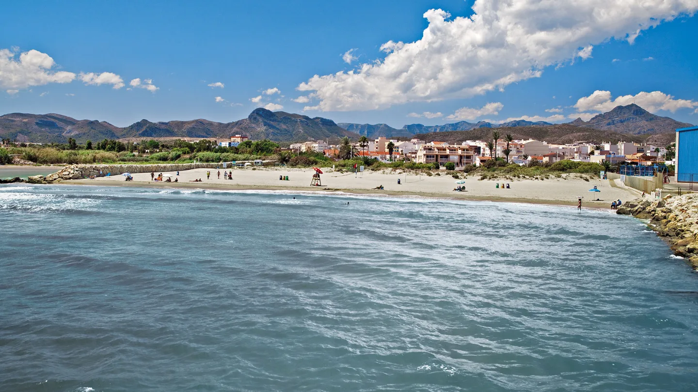 Plage de sable, eaux calmes et cordon dunaire de la plage de Venecia à Gandia avec les montagnes de La Safor en arrière-plan