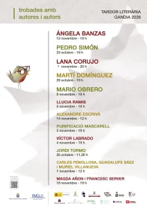 Poster for the meetings with authors at Gandia's Tardor Literària 2026, listing each writer and date.