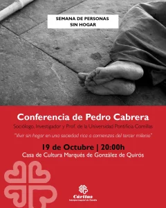 Cartel de la conferencia de Pedro Cabrera en la Semana de Personas Sin Hogar de Cáritas Gandia, el 19 de octubre a las 20:00 en la Casa de Cultura Marqués de González de Quirós.