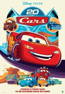 Cartel promocional del 20 aniversario de la película Cars de Disney Pixar, con el coche Rayo McQueen y otros personajes.