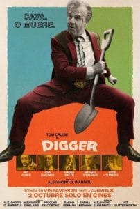 Affiche officielle du film Digger, avec Tom Cruise tenant une pelle en costume rouge.