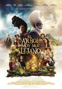 Movie poster for El árbol muy muy lejano featuring the cast in a fantasy forest.