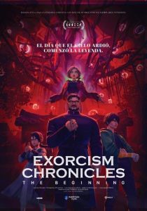 Official animated movie poster for Exorcism Chronicles: The beginning, with a priest and three young people in front of a tree covered in red eyes.