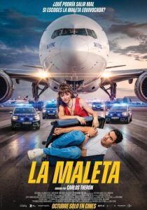 Cartel de la película La maleta, con un avión, coches de policía y una mujer junto a un hombre metido dentro de una maleta.