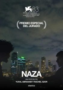 Cartel de la película Naza, con una panorámica urbana nocturna y las siluetas de dos hombres enfrentados.