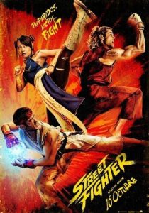 Affiche du film Street Fighter annonçant sa sortie en salles le 16 octobre, avec trois combattants en pleine action.
