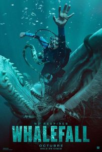Affiche du film Whalefall, dans laquelle un plongeur est avalé par une énorme créature marine.