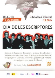 Poster for the 'Dia de les Escriptores' 2026 at Gandia's Central Library, with a vintage black-and-white photograph of a group of women.