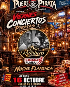 Poster for the Conciertos Piratas with Dúo Rumbero por Sonakays at Puerto Pirata Gandia, Friday 16 October.