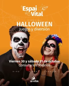 Affiche promotionnelle du Spécial Halloween à Espai Vital (Centre Commercial La Vital) montrant deux personnes maquillées en squelette.