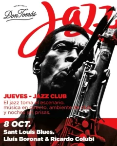 Affiche du jeudi - Jazz Club à la Vermuteria Don Tomás, annonçant le concert de Sant Louis Blues avec Lluís Boronat et Ricardo Colubi le 8 octobre.
