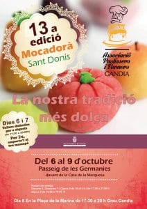 Affiche officielle de la 13e édition de la Mocadorà de Sant Donís à Gandia, illustrée de figures traditionnelles en massepain en forme de fruits.