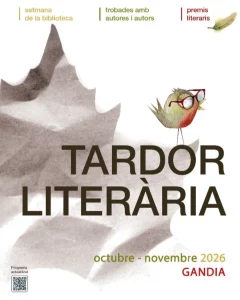 Affiche de la Tardor Literària, octobre-novembre 2026 à Gandia, avec une feuille de papier et un oiseau.