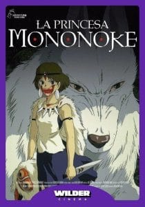 Movie poster for Princess Mononoke featuring the main character next to a giant white wolf.